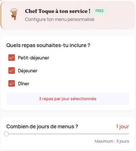 Interface de génération automatique de menu hebdomadaire par IA